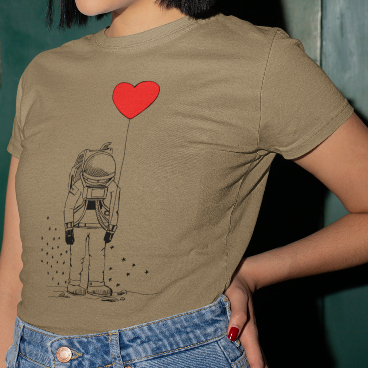 Khaki tričko Kosmonaut se srdcem Hnědý (UNISEX tričko)
