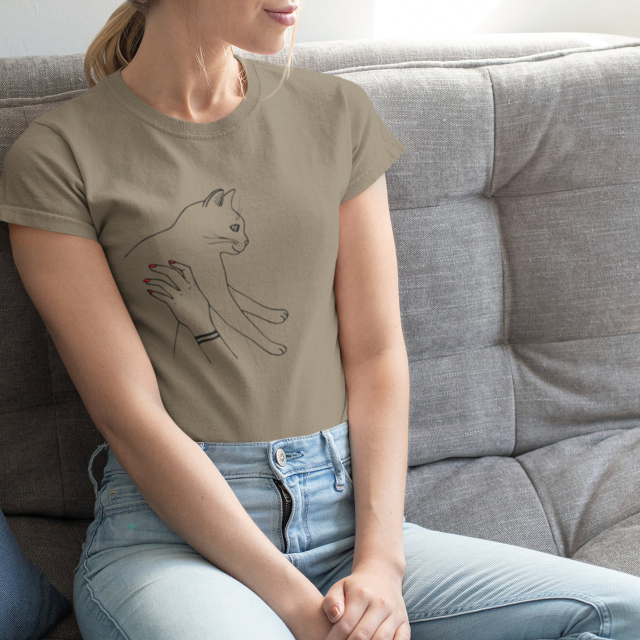 Khaki tričko Kočka (UNISEX tričko)